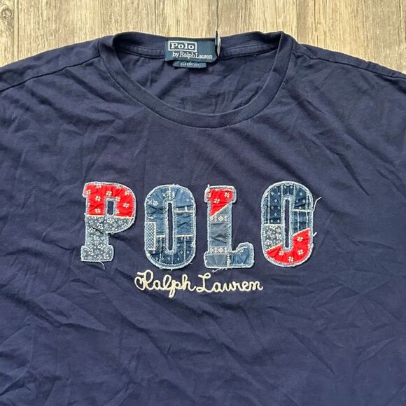 Polo Ralph Lauren Chain Stitched Denim Patchwork Spellout T Shirt Size L - Picture 2 of 5